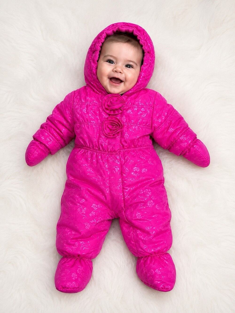 Rothschild Baby Girls Pink Hooded Floral Snowsuit Sz 6/9M Winter Bunting Coat
